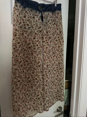 Limelight Beige Floral pants with Dark Denim Waistband